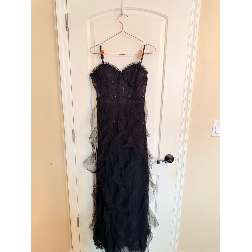 Betsy Adam Gown Women 12 Black Lace Tulle Sequin Tiered Ruffle Strapless Formal - Picture 7 of 13